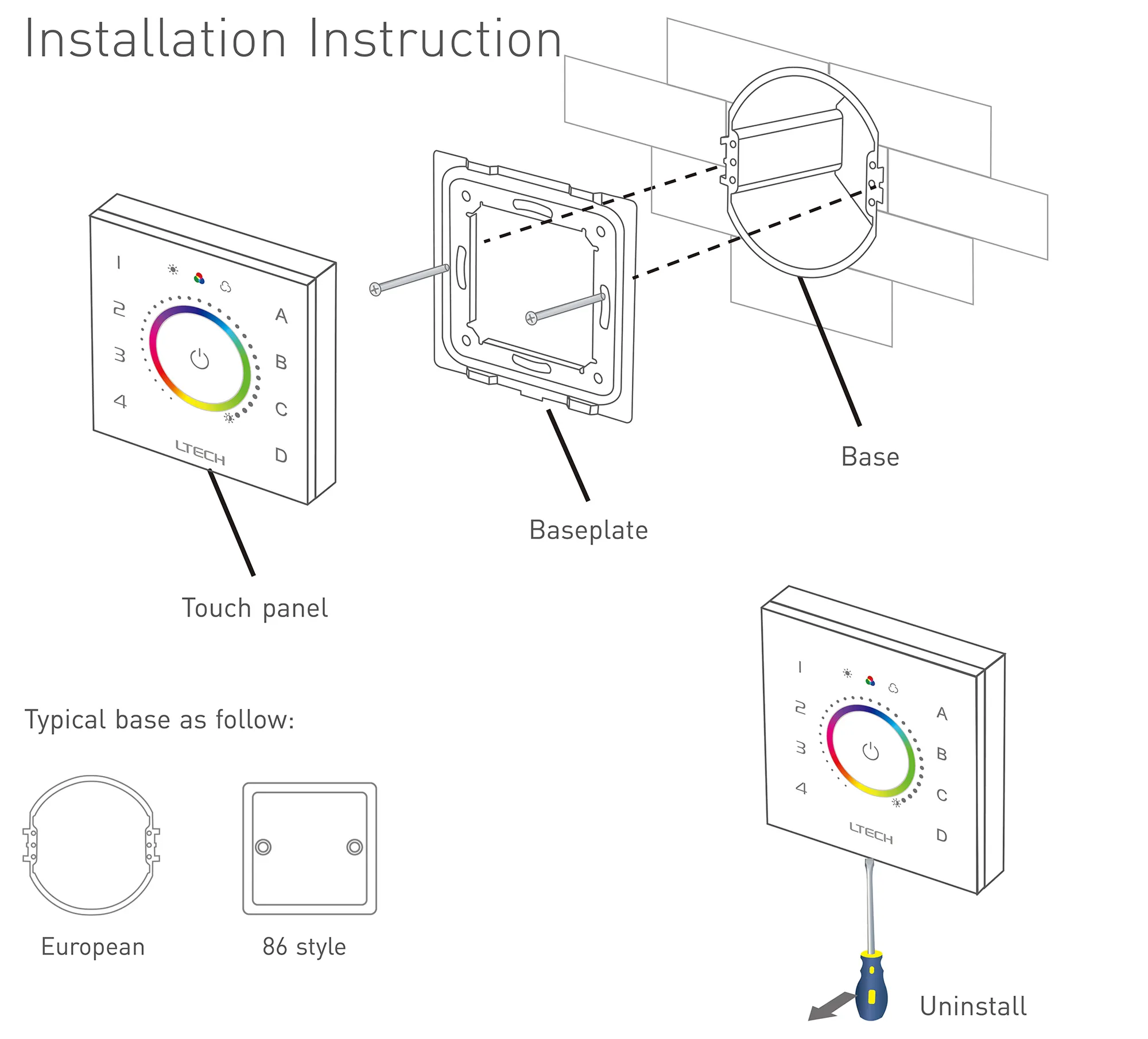 DALI Touch Panel, RGB Dimming control, Support X-Y type control, Scene, Group, Unicast, Broadcast mode. Output signal: DALI, Touch vibration, IP20. EDT3  LTECH Touch Panel
